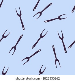 Doodle seamless pattern with grill fork random ornament. Dark navy blue silhouettes on light blue background. Great for wallpaper, textile, wrapping paper, fabric print. Vector illustration.