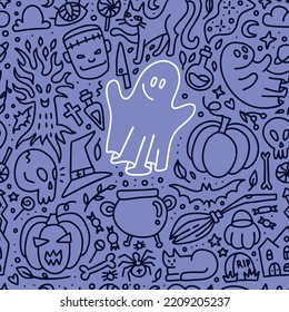 Patrón sin fisuras de garabatos para la decoración de Halloween. Calabazas, fantasmas, murciélagos, cráneos y hojas de otoño en un estilo infantil lineal. Fondo repetible de dibujos animados monocromos. Ilustración vectorial dibujada a mano.