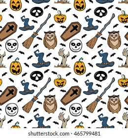 Doodle seamless pattern of halloween elements with owl, witch hat, broomstick, pumpkin and bat