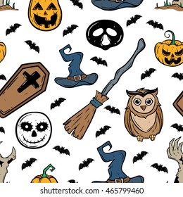 Doodle seamless pattern of halloween icons with owl, witch hat, broomstick, pumpkin and bat