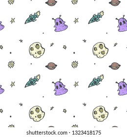 Doodle seamless pattern, Hand drawn. Aliens.