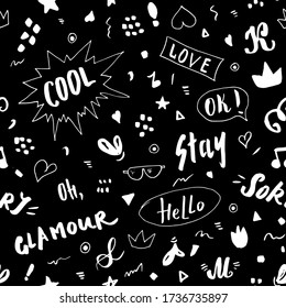 Doodle Seamless Pattern, hand drawn pop art signs and symbols background, Vector Illustration.