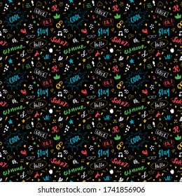 Doodle Seamless Pattern, hand drawn pop art signs and symbols background, Vector Illustration.