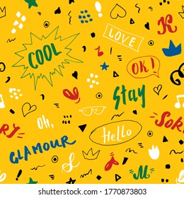 Doodle Seamless Pattern, hand drawn pop art signs and symbols background, Vector Illustration.