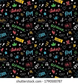 Doodle Seamless Pattern, hand drawn pop art signs and symbols background, Vector Illustration.