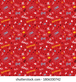 Doodle Seamless Pattern, hand drawn pop art signs and symbols background, Vector Illustration.