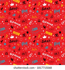 Doodle Seamless Pattern, hand drawn pop art signs and symbols background, Vector Illustration.
