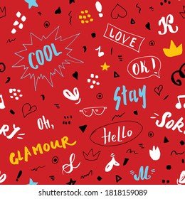 Doodle Seamless Pattern, hand drawn pop art signs and symbols background, Vector Illustration.