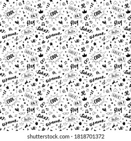 Doodle Seamless Pattern, hand drawn pop art signs and symbols background, Vector Illustration.