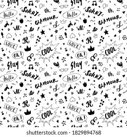 Patrón sin soldadura Doodle, carteles de arte pop dibujados a mano y fondo de símbolos, Ilustración vectorial.