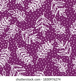 Doodle seamless pattern of hand drawn dot textured purple background with cute branch and leaves design