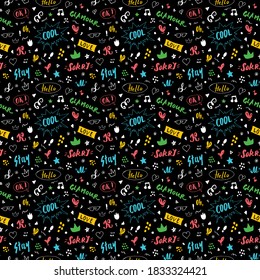Doodle Seamless Pattern, hand drawn pop art signs and symbols background, Vector Illustration.