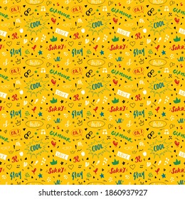Doodle Seamless Pattern, hand drawn pop art signs and symbols background, Vector Illustration.