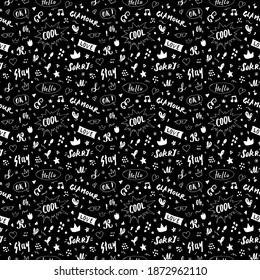 Doodle Seamless Pattern, hand drawn pop art signs and symbols background, Vector Illustration.