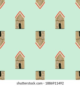 Doodle seamless pattern with hand drawn brown wood village elements. Blue background. Designed for wallpaper, textile, wrapping paper, fabric print. Vector illustration.