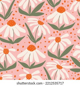 Doodle seamless pattern with hand drawn white daisies with bright spots on a pink background. Cute background in vector.