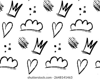 Doodle padrão sem emenda com mão desenhado preto esboço elementos, Inclui coroas brincalhonas, corações, nuvens no fundo branco. Textura estilo crayon com uma vibração divertida, artística. Perfeito para produtos para crianças