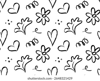 Doodle padrão sem emenda com mão desenhado preto esboço elementos, Inclui corações brincalhões, curlicues, rabiscos, linhas, flores, folhas, pontos no fundo branco. Estilo crayon textura com uma diversão