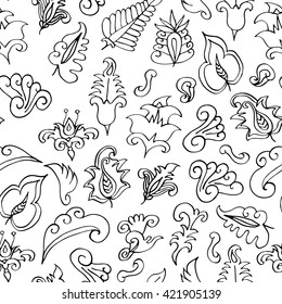 Doodle seamless pattern, Hand drawn background, Indian motif ornament, vector. Black and white line art ethnic flowers design. Adult coloring book. Tropical floral set.