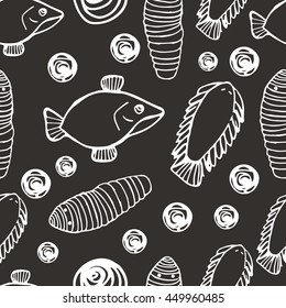 doodle seamless pattern with hand drawn elements. sea elements. black and white