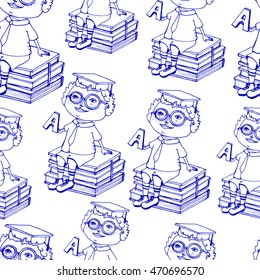 Doodle seamless pattern with hand drawn student on the stack of books. Letter in the hand. Back to school