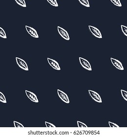 Doodle seamless pattern with hand drawn leaves. Diagonal sparce cute white leaf on dark blue background. Naive style. Vector illustration