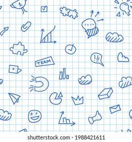 Doodle seamless pattern with hand-drawn icons or elements on a grid paper background. Lifestyle-related items. Modern minimalist vector-colored seamless pattern.