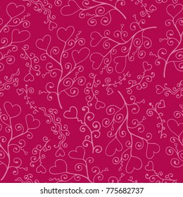 Doodle seamless pattern with hand-drawn white hearts on the red background.