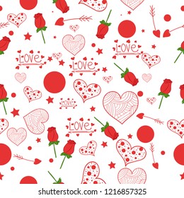 Doodle seamless pattern with heart and roses. Design elements for Valentine's day suitable for cards, prints, invitations, wallpapers and wrapping.