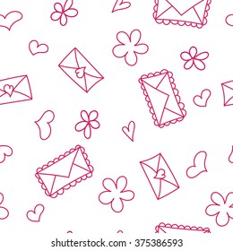 Doodle seamless pattern with hearts and envelops