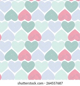 Doodle seamless pattern with hearts on white background Optical illusion 3D three-dimensional volume. Vector