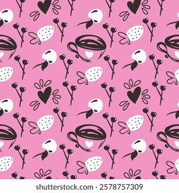 Doodle seamless pattern with hearts and strawberries on pink background. Vector illustration.