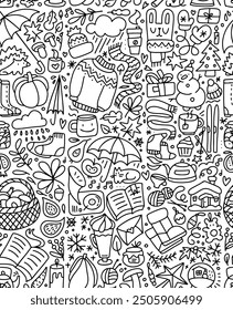 Doodle sin patrón de Elementos hygge. Otoño e invierno cosas acogedoras. Fondo para carteles, impresiones, textiles, envolturas, Fondos de pantalla, diseño de superficies. Ilustración vectorial dibujada a mano lineal.