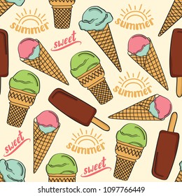 Doodle seamless pattern with ice cream. Wrapping paper, fabric,  background design.