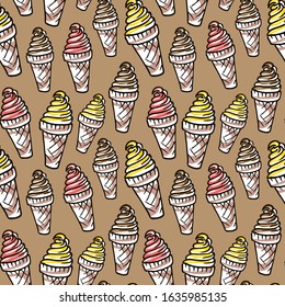 Doodle seamless pattern. Ice cream cones background. Vector illustration.