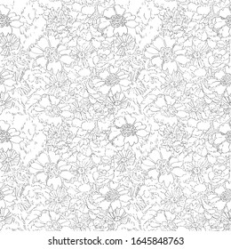 Dibujo de dibujo sin fisuras de encaje floral, fondo blanco y negro
