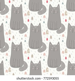 Doodle seamless pattern illustration for kid theme with funny cat. Endless texture with stylized doodle kitten and house. Cartoon scandinavian cute kitty for kids decor, wallpaper, wrap, fabric.