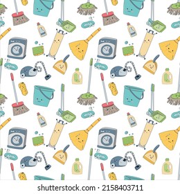 doodle seamless pattern of items for home cleaning. Kawaii smiling faces, cute items. Vector illustration