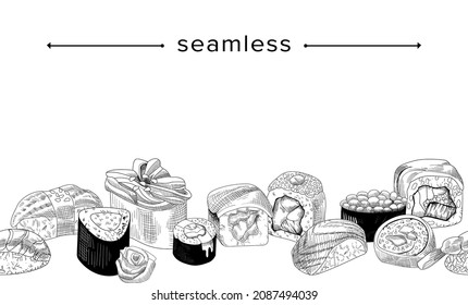 Doodle Seamless Pattern with Japanese Sushi and Rolls, Asian Food Hand Drawn Border with Rice, Seaweed and Fish, Ginger or Vasabi Ingredients, Monochrome Etching Frame. Linear Vector Illustration