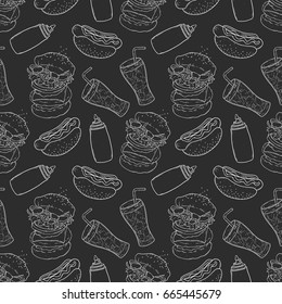 doodle seamless pattern with junk food illustration on black background
