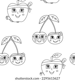 Doodle seamless pattern for kids with cute apple and cherry character