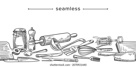 Doodle Seamless Pattern with Kitchen Tools, Hand Drawn Frame with Rolling Pin, Mortar, Knives, Cutting Board, Fork, Whisk and Corkscrew Monochrome Ink Etching Border. Linear Vector Illustration