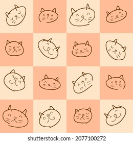 Doodle seamless pattern of kitty faces on a checkered background. Perfect for T-shirt, textile and print. Hand drawn vector illustration for decor and design.

