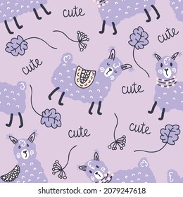 Doodle seamless pattern with lamas and text cute. Perfect for T-shirt, textile and print. Hand drawn vector illustration for decor and design.