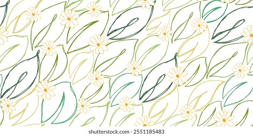 Padrão sem emenda Doodle com folhas e flores. Plantas retrô desenhadas com lápis. Esboço artístico da vegetação. 