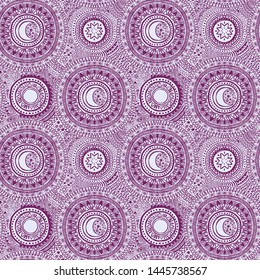 Doodle seamless pattern with lilac mandala ornament, stars and moons, sketch style vector illustration