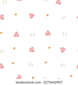Doodle seamless pattern with lips in pastel colors. Fashion illustration with lips and abstract circles, triangles. Pattern for cloth, textile, web, banners, fabric, tissue, background