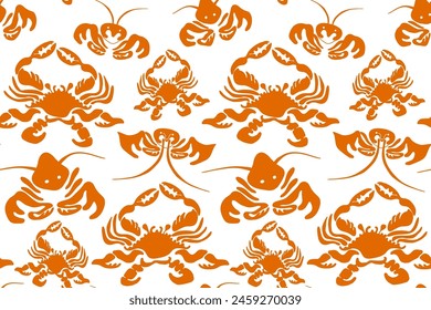Doodle seamless pattern with lobsters and crabs isolated on white background. Vector illustration for textile, decor package, wallpaper, tablecloth, napkins, stationery, menu.