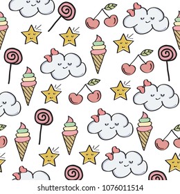 Doodle seamless pattern with magical sweets elements. Vector