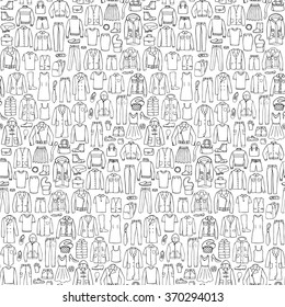  Doodle seamless pattern with man and woman clothes. Vector illustration hand drawn of clothes and accessories elements for backgrounds, textile prints, web and graphic design
